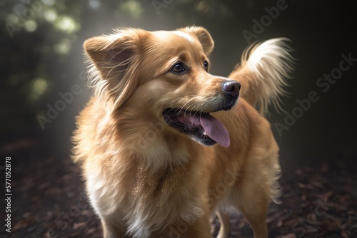 Close up of beige dog sticking tongue out in forest created using generative ai technology © Future Vision