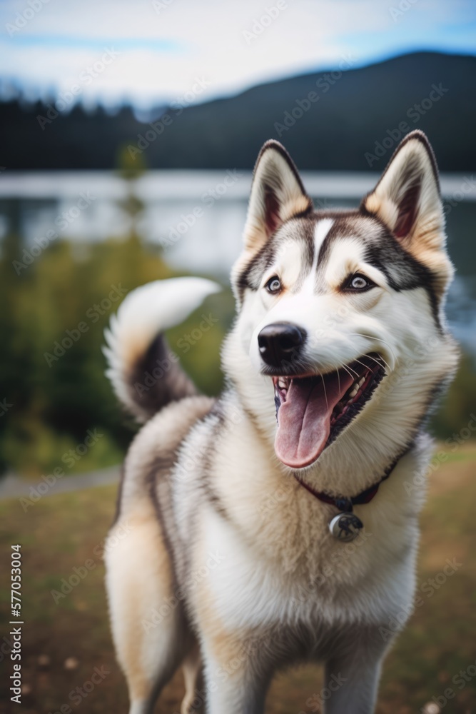 Husky dog sticking tongue out by the lake and forest created using generative ai technology Husky dog sticking tongue out by the lake and forest created using generative ai technology