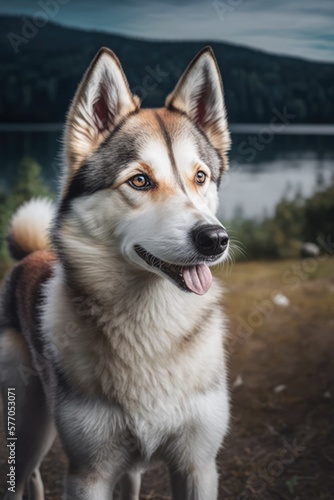 Husky dog sticking tongue out by the lake and forest created using generative ai technology © Future Vision