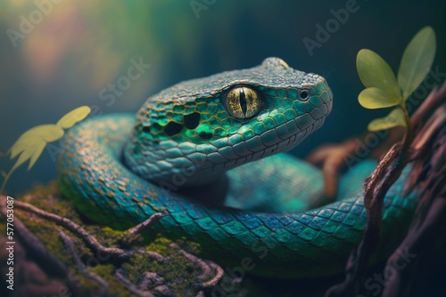 Close up view of green snake in a forest jungle. Generative AI