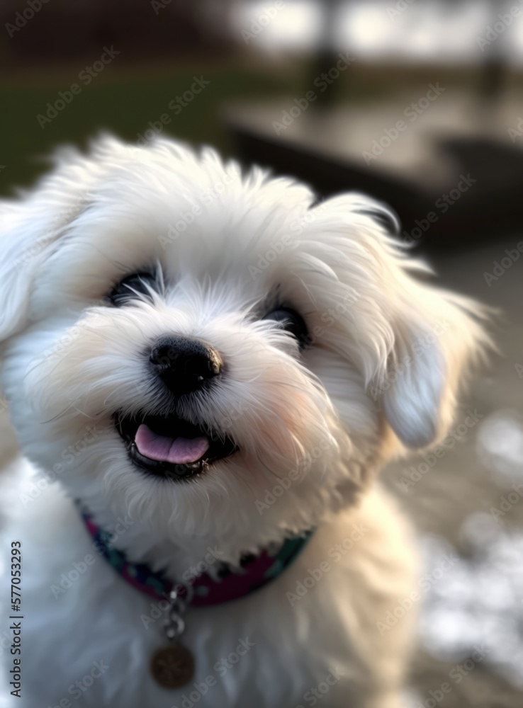 White maltease dog with collar on blurred background created using generative ai technology White maltease dog with collar on blurred background created using generative ai technology