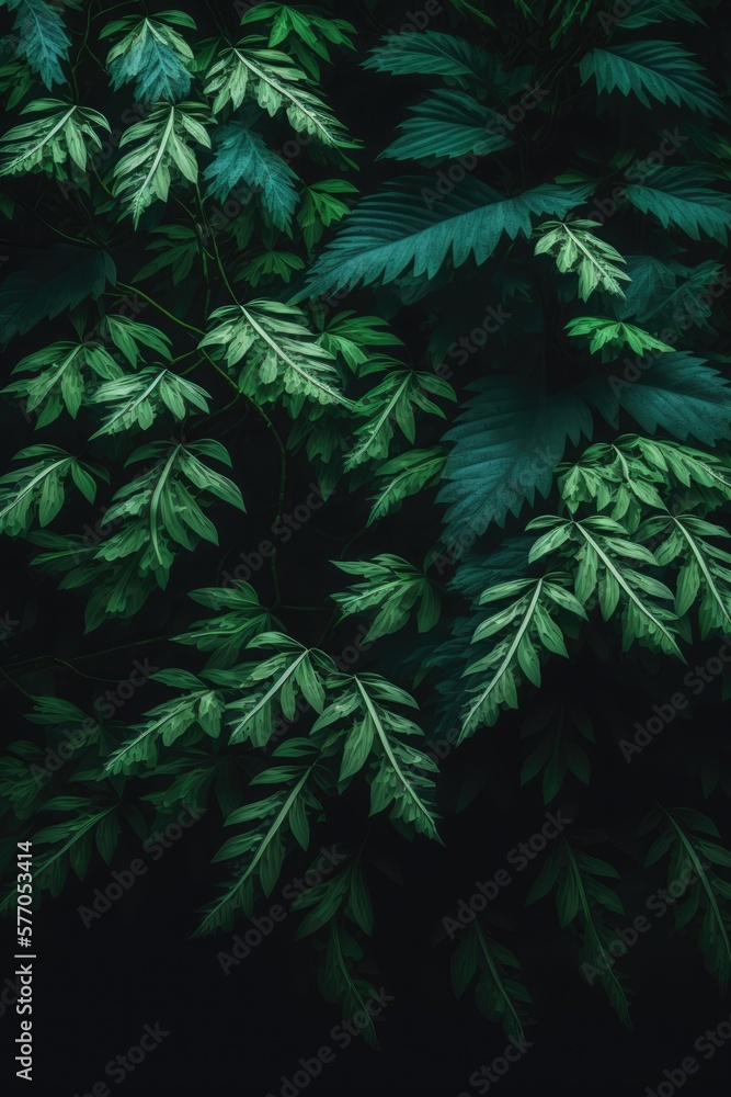 Different green plants leaves on black background created using generative ai technology Different green plants leaves on black background created using generative ai technology