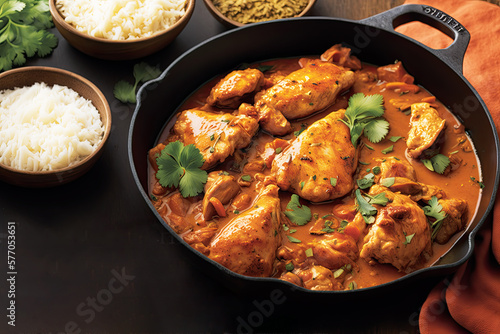 Spicy butter chicken curry in a pan, Traditional Indian Food, Generative AI