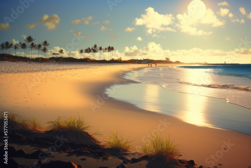 Sunset at beach and sea with palm trees and sky with clouds created using generative ai technology