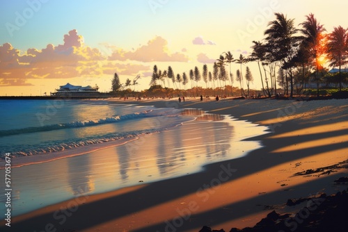 Sunset at beach and sea with palm trees and buildings created using generative ai technology