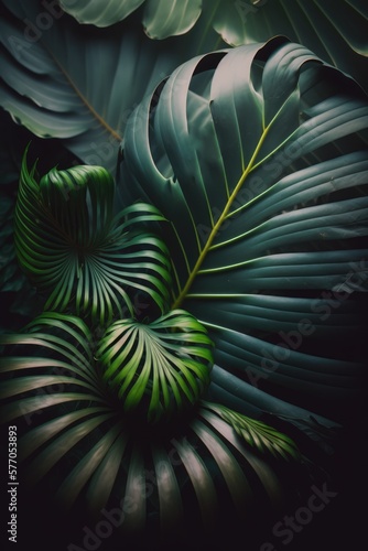 Close up of green leaves on black background created using generative ai technology