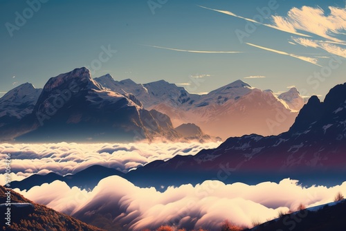 Scenery with mountains, cloud and sky created using generative ai technology
