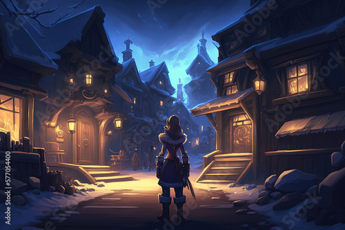 a person standing in the middle of a town at night  village  fantasy town  game  fantasy art illustration 