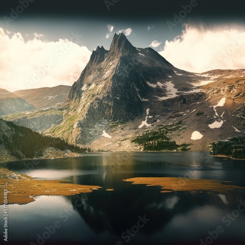Scenery with mountains, river and sky with clouds created using generative ai technology