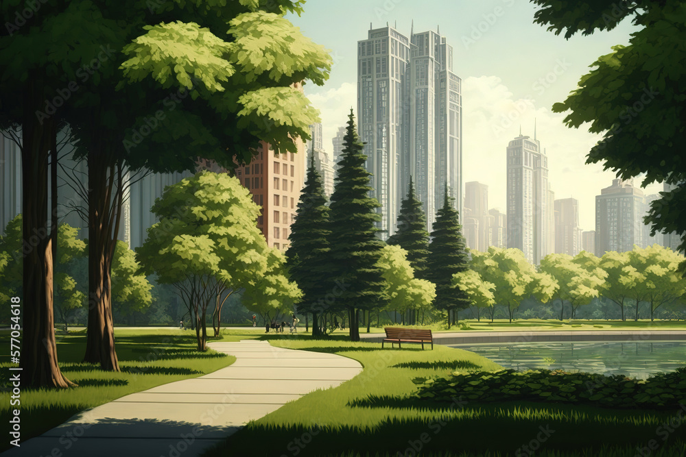 City park with tall buildings in the background, art illustration 