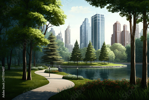 City park with tall buildings in the background, art illustration  © vvalentine