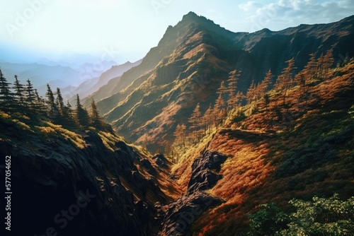Scenery with mountains, forest and sky with clouds created using generative ai technology