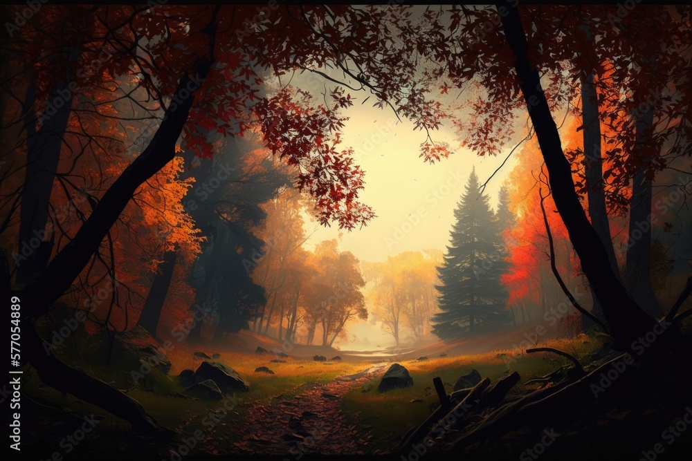 Forest scenery with trees, rocks and pathway created using generative ai technology