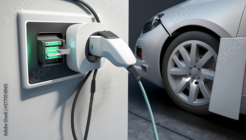 Close up charging an electric car battery, new innovative technology EV Electrical vehicle, Generative ai