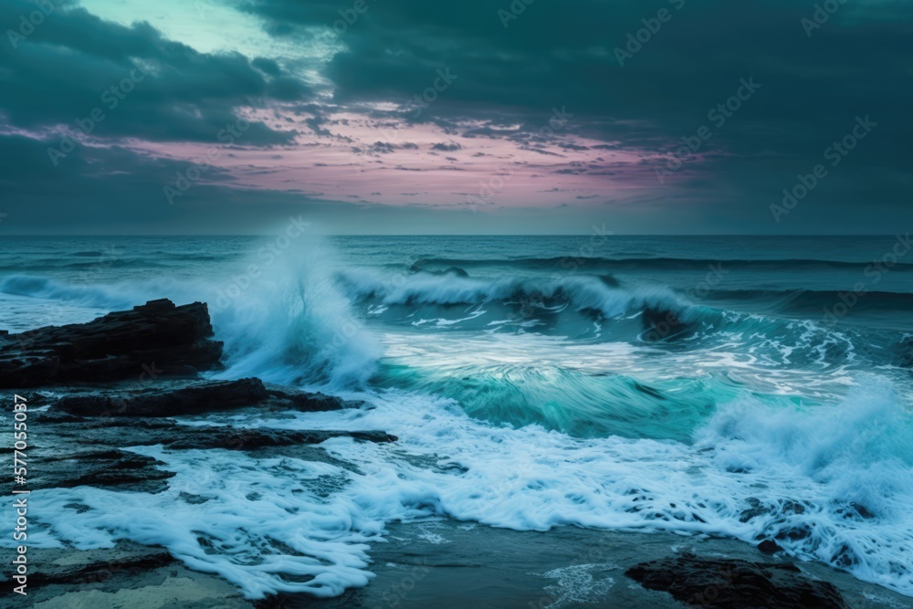Fototapeta premium Sunset scenery with ocean, rock and sky with clouds created using generative ai technology