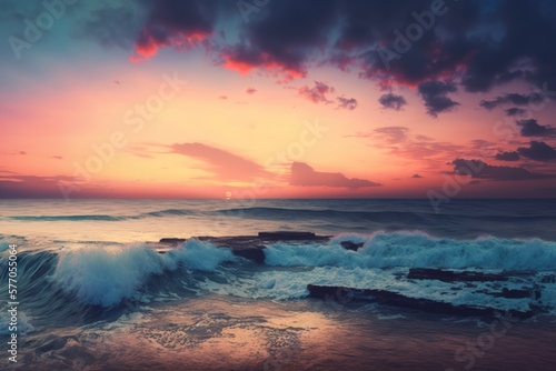 Sunset scenery with ocean, rock and sky with clouds created using generative ai technology © Future Vision