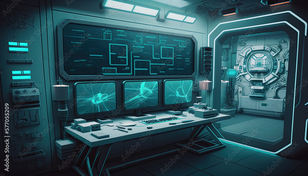 Fototapeta premium A futuristic laboratory with advanced technology, glowing screens, cutting-edge research
