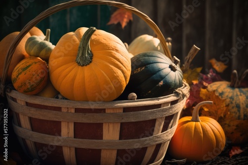 Wooden basket with colorful pumpkins and autumn leaves created using generative ai technology