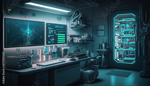 A futuristic laboratory with advanced technology, glowing screens, cutting-edge research