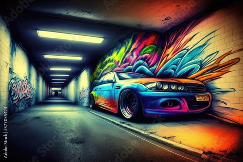 Building with walls covered in colorful car graffiti created using generative ai technology