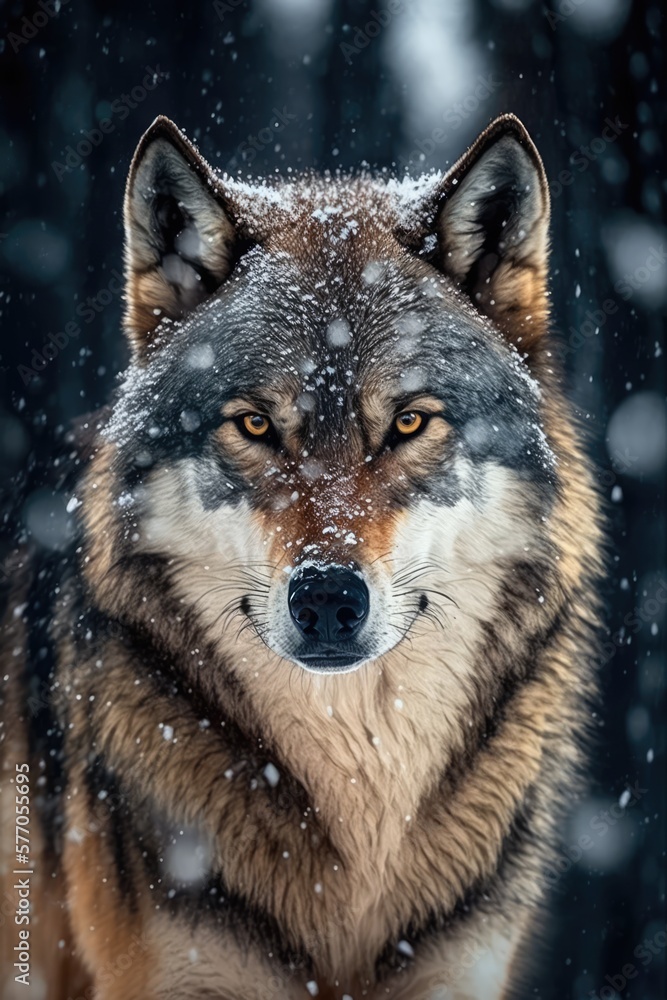 Portrait of wolf with snow falling, created using generative ai technology
