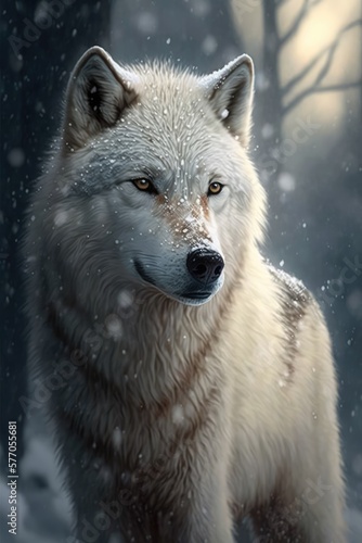 Portrait of wolf with snow falling  created using generative ai technology