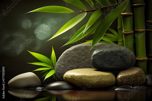 Bamboo and zen stones in a colorful wellness spas. Generative AI