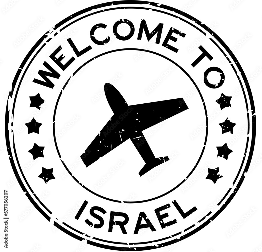 Grunge black welcome to israel with airplane icon round rubber seal stamp on white background Grunge black welcome to israel with airplane icon round rubber seal stamp on white background