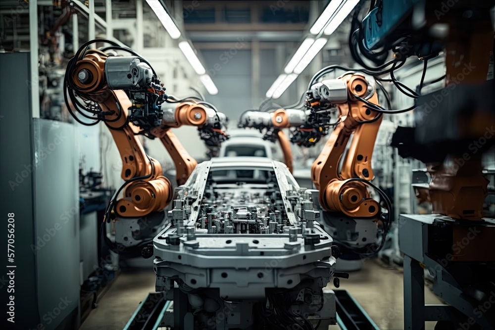 Fototapeta premium High-tech robot effortlessly assembling a car in a futuristic factory setting. Generative AI