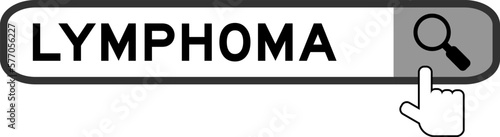 Search banner in word lymphoma with hand over magnifier icon on white background