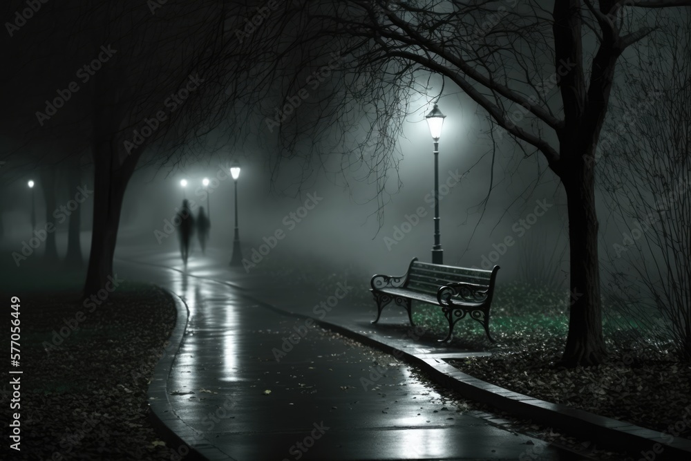 Bench in park by street lamp on dark misty rainy night, created using generative ai technology