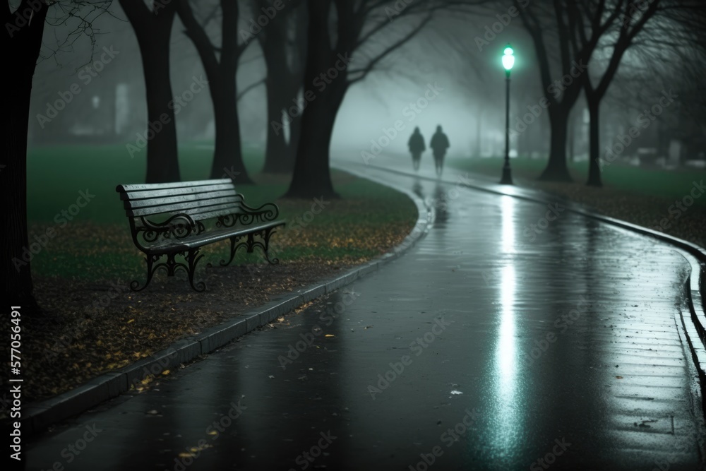 Bench in park by street lamp on dark misty rainy night, created using generative ai technology