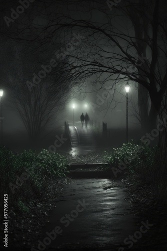 Path in park with street lamps on dark misty rainy night, created using generative ai technology