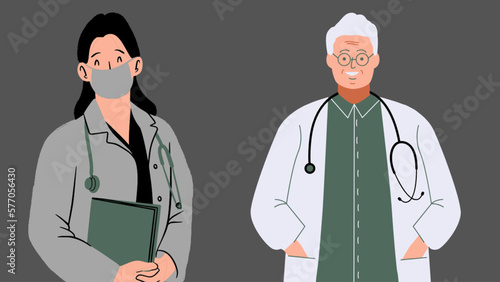 Two young doctors, man and woman, in cute flat cartoon style.