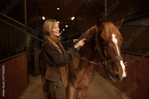 Horsewoman combing mane of her brown thoroughbred horse in stable