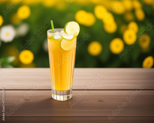 a fresh refreshing glass of lemonade juice cocktail drink in a sunny spring garden, created using AI generative tools