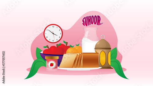 Ramadan suhoor meal illustration with lantern, fruits, bread, and milk photo