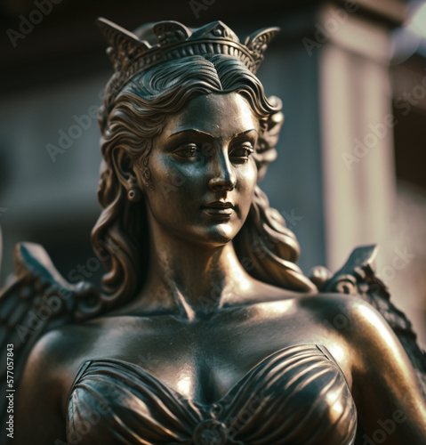 Bronze statue of the ancient queen. Beautiful woman of the ancient century. Created using ai