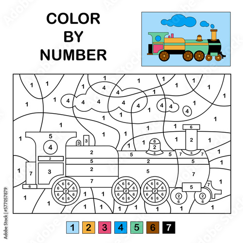 Tableau sur toile Colour in the numbers on the green train Educational game for kids and teens Bla