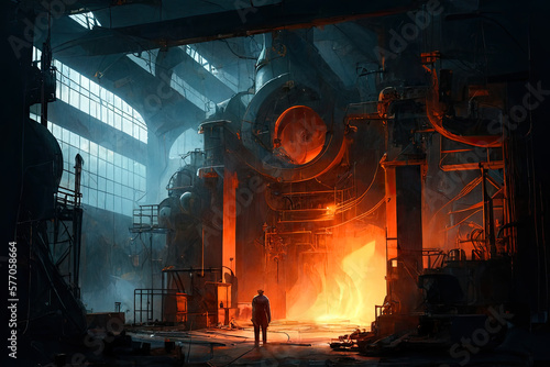 Steel mill, furnaces, iron, worker, steel production. Ai generative photo