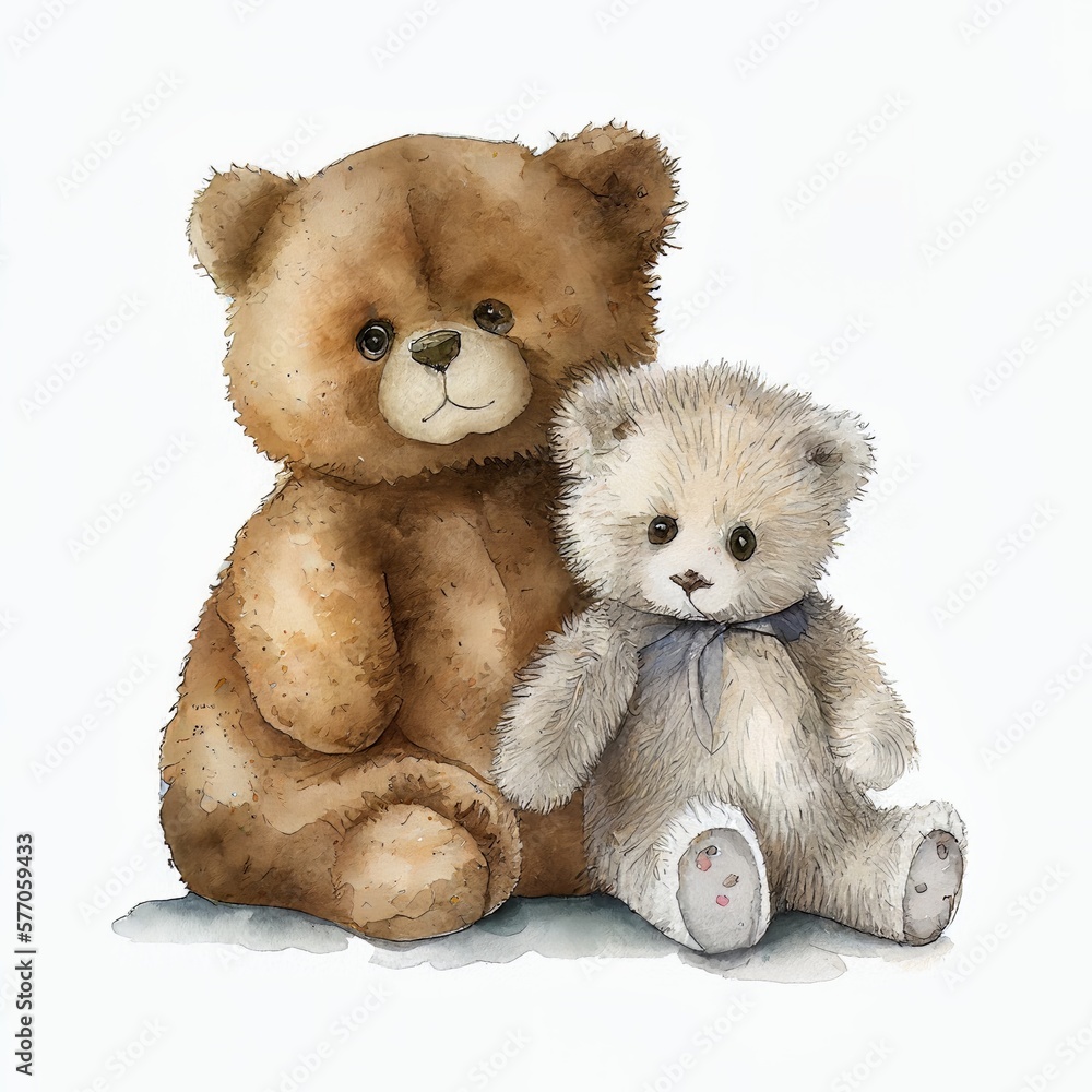 Teddy bear drawing one big second small watercolor Generative AI