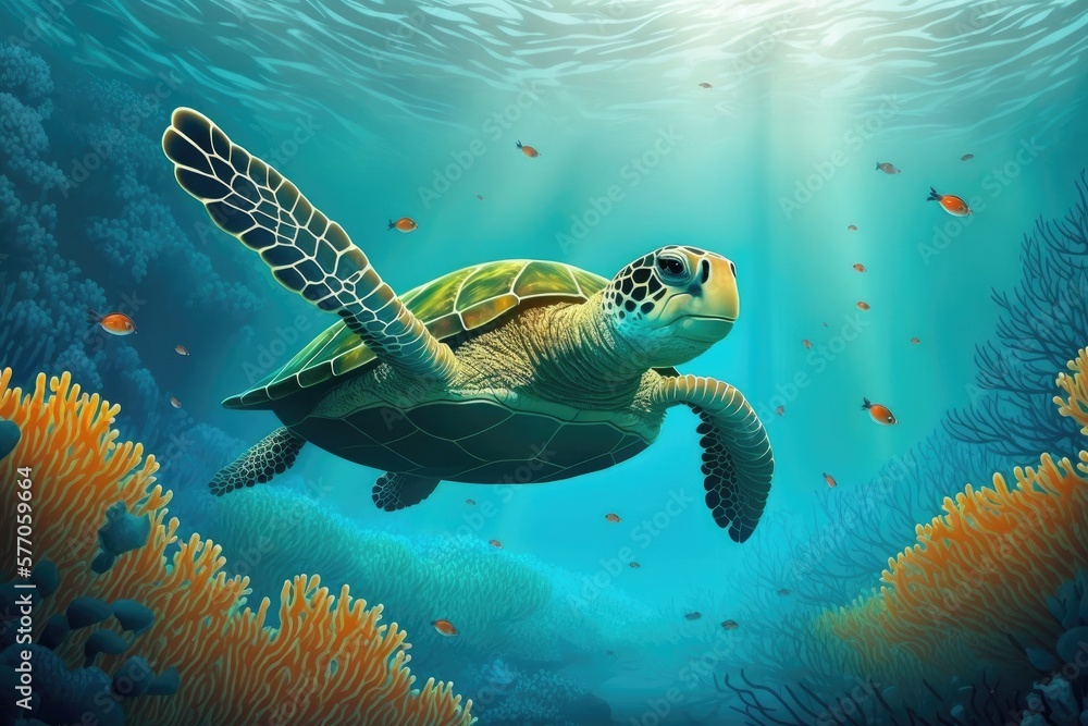 Fototapeta premium A turtle that lives underwater. Scuba turtle underwater scene. Generative AI