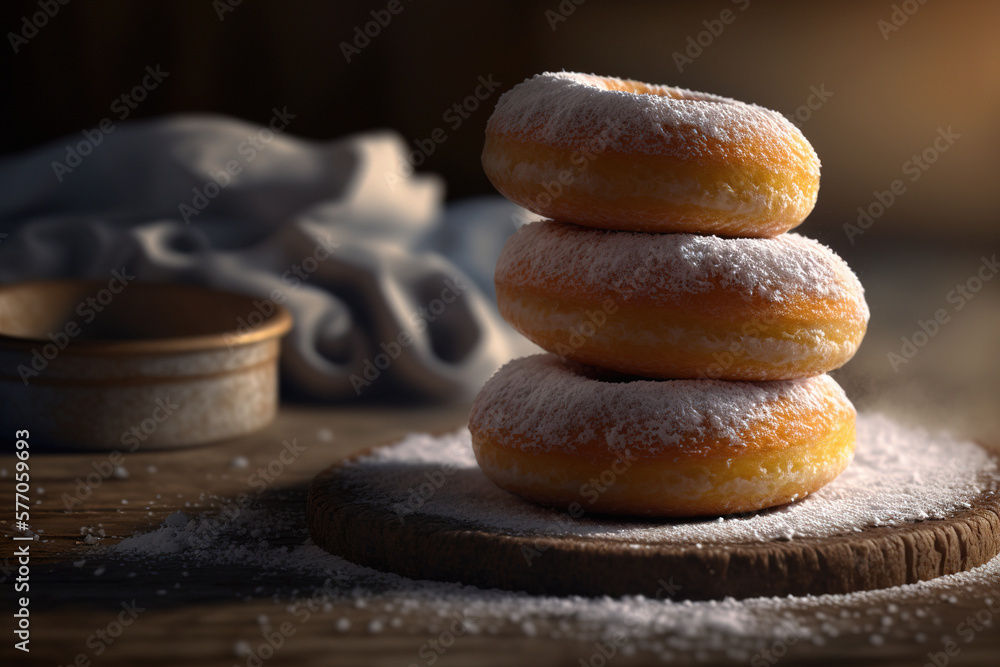 A stack of yeast donuts on a plate. Generative AI. A stack of yeast donuts on a plate. Generative AI.