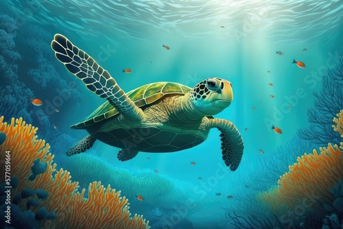 A turtle that lives underwater. Scuba turtle underwater scene. Generative AI © AkuAku