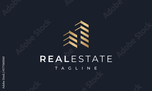 Gold Real Estate Logo. Apartment Construction and Architecture Buliding Logo. Vector Realty Design Template. 