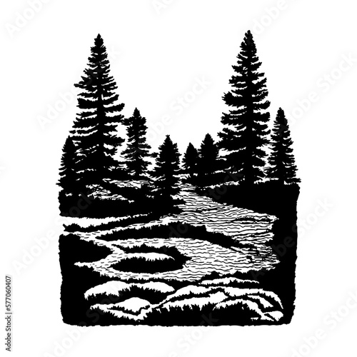 Silhouettes fir pine trees landscape lake, contour forest graphic monochrome black ink vector illustration