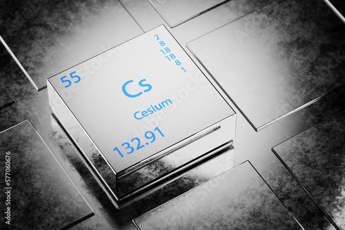 3D illustration of Cesium as an element of the periodic table. Cesium element Cesium a metallic background. Cesium chemical element design showing element name, atomic weight and number. 3d render. photo