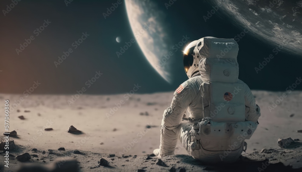 Astronauts walking on the moon surface watching earth made with