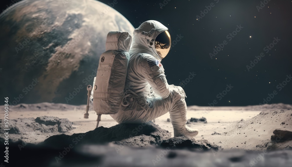 Astronauts walking on the moon surface watching earth made with