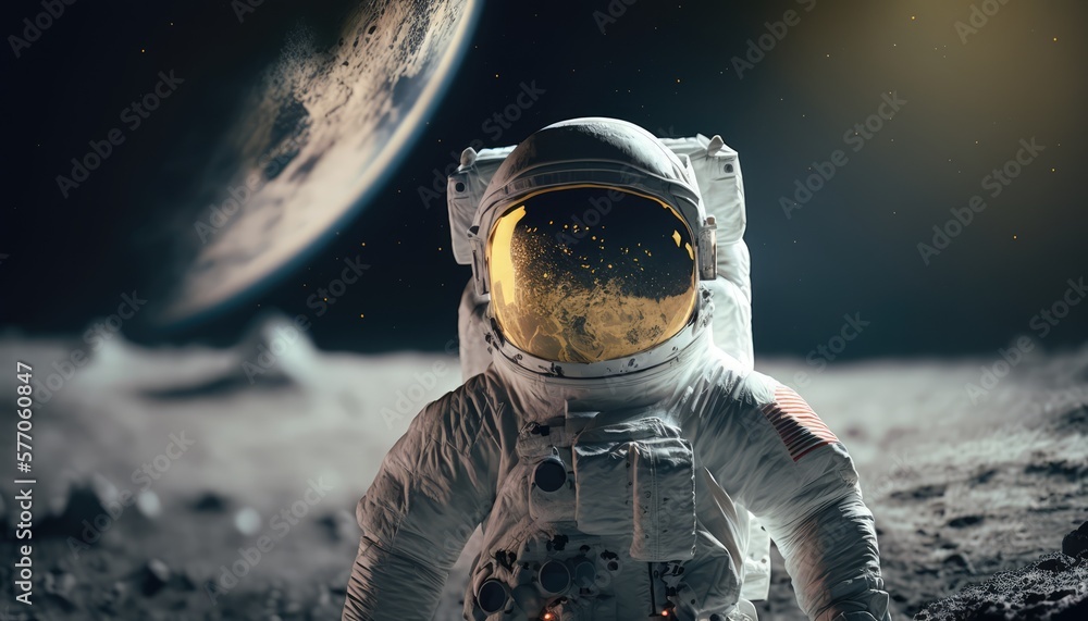Astronauts walking on the moon surface watching earth made with